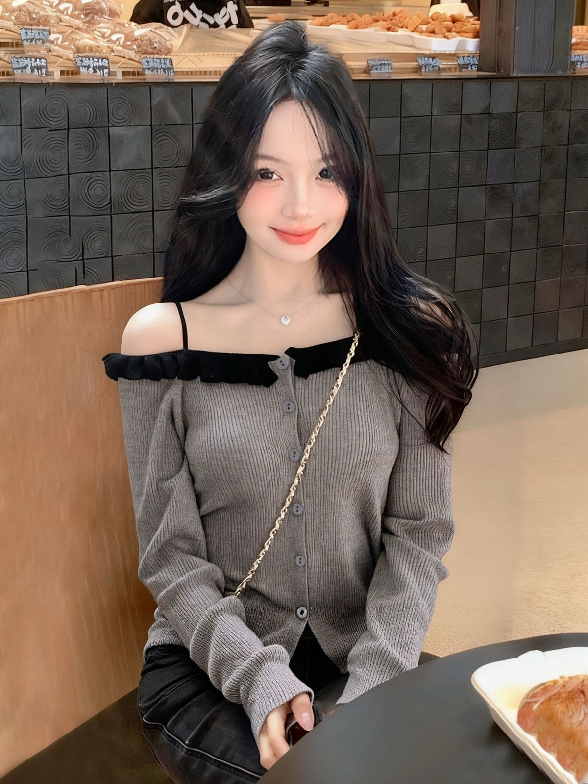 Kelly Designs  Off-Shoulder Ruffle Knit Cardigan – Soft Girl Button Grey Top (Instock)