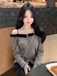 Kelly Designs  Off-Shoulder Ruffle Knit Cardigan – Soft Girl Button Grey Top (Instock)