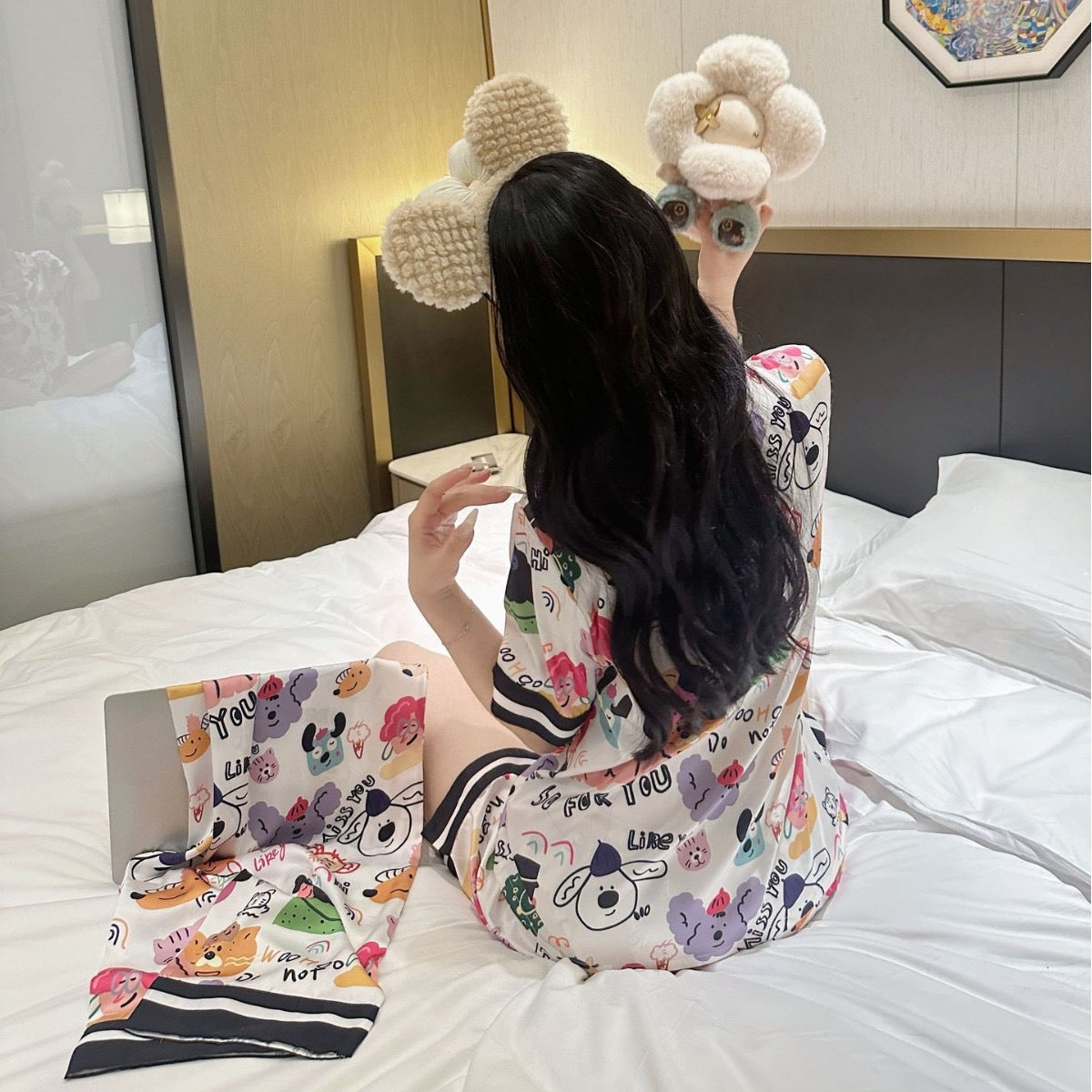Kelly Designs Animal Ice Silk Pajamas – Short Sleeve & Long/Short Pants 3pcs Set (Instock)