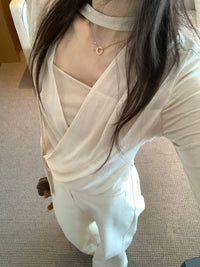 Kelly Designs Chiffon V-neck Beige top with scarf (Instock)