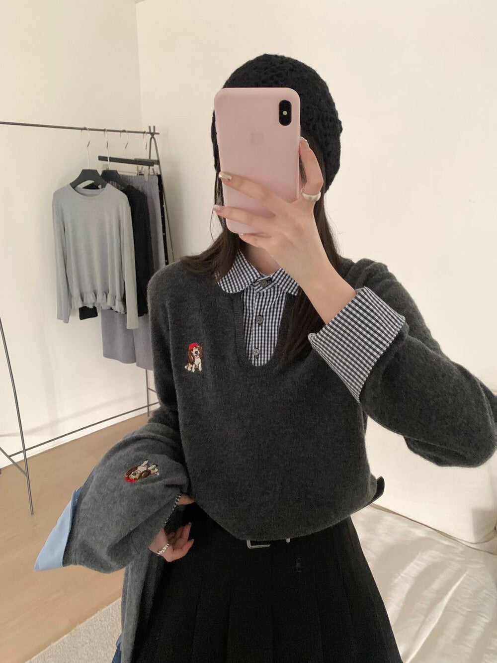 Kelly Designs Puppy Embroidery Wool Layered Fake 2pcs Sweater (Instock)