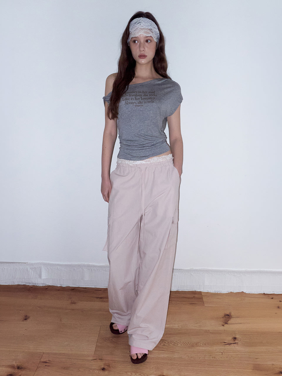 Rolarola LETTERING DRAPE OFF SHOULDER T-SHIRT GRAY (Instock)