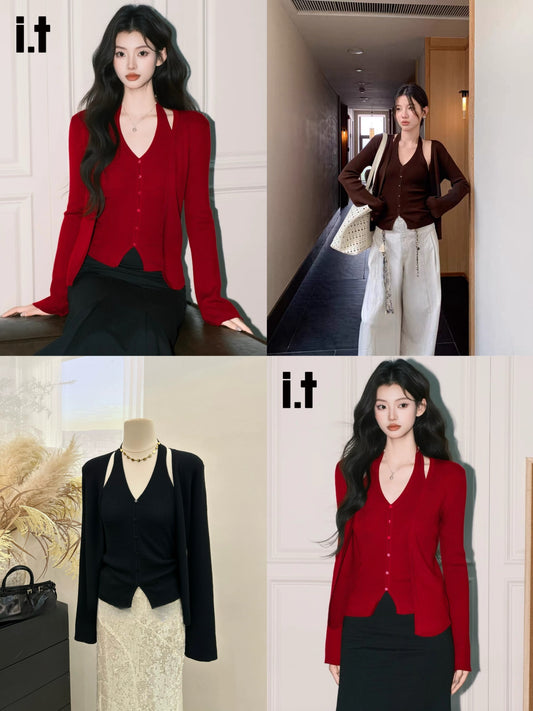 Kelly Designs 2-Piece Knit Set – Halter Knit Tank & Long-Sleeve Cardigan (Instock)