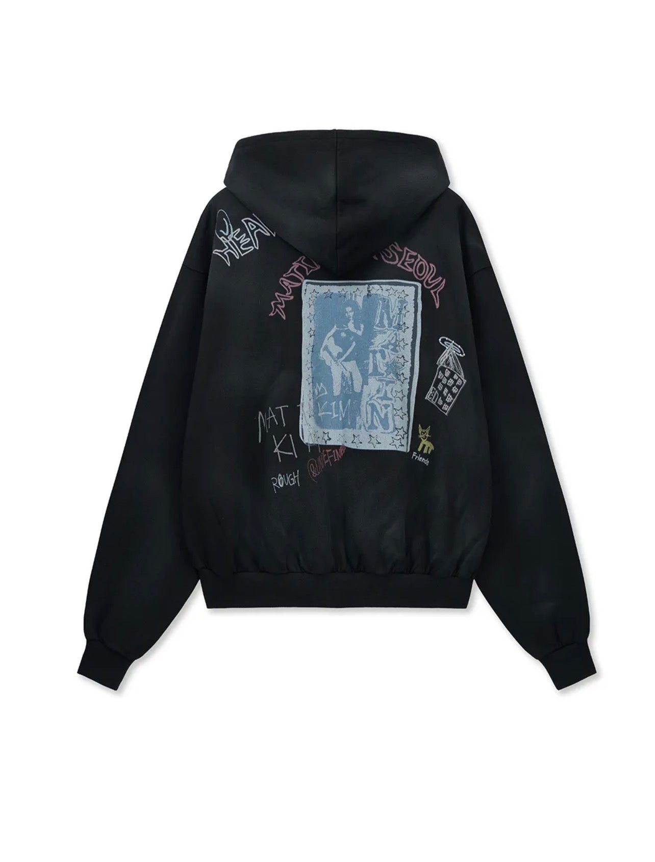 Matin Kim VINTAGE WASHED GRAFFITI HOODY ZIP UP IN Black (Preorder Mid Of October)