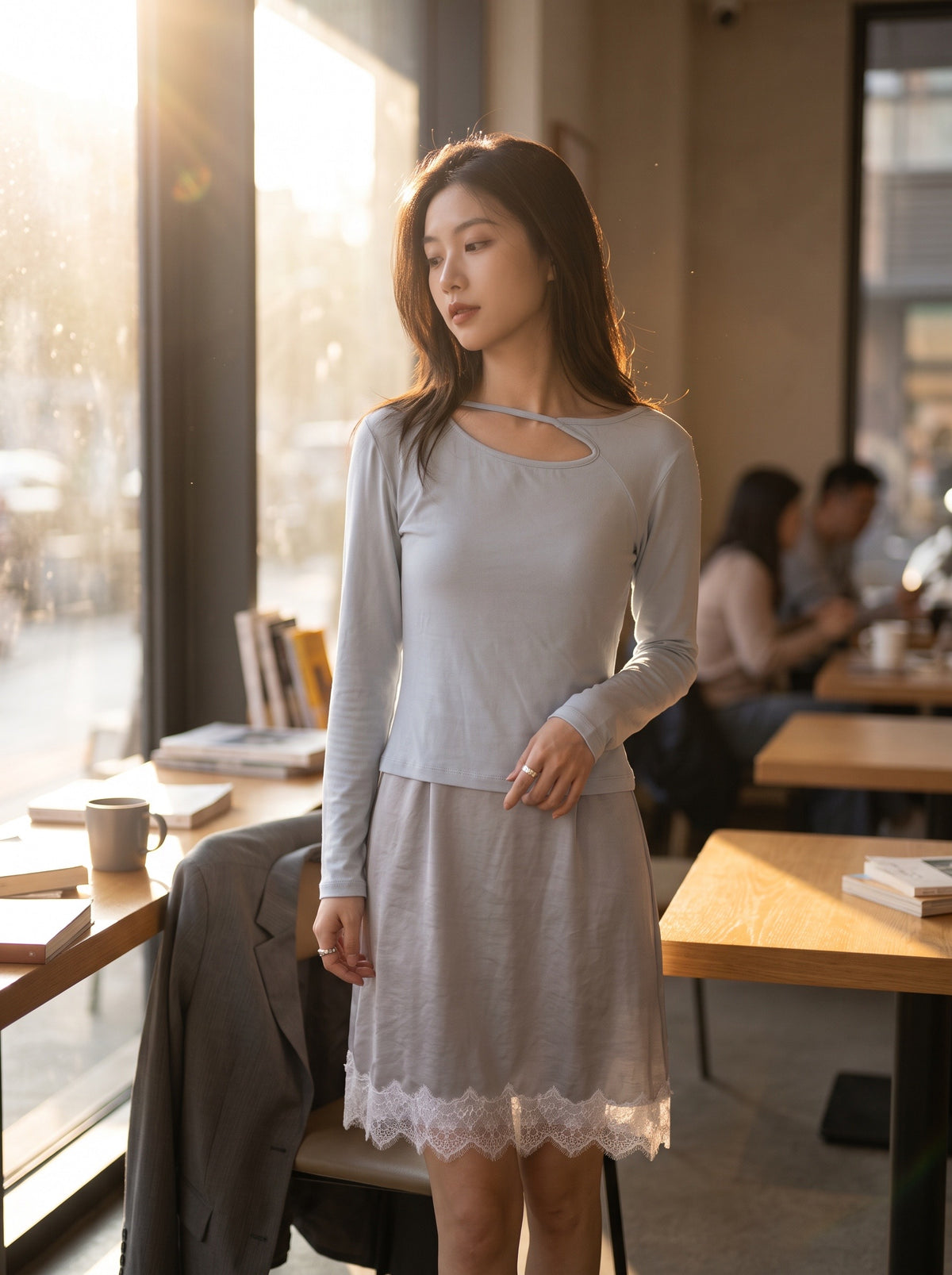 Korean APM Collection Asymmetrical Cut-Out Neckline Long Sleeve Top (Instock)