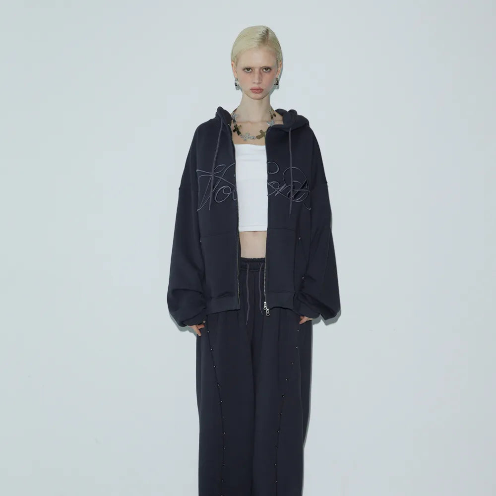 Korean VOONT Lettering Embroidery Zip-Up Charcoal Hoodie (Instock)