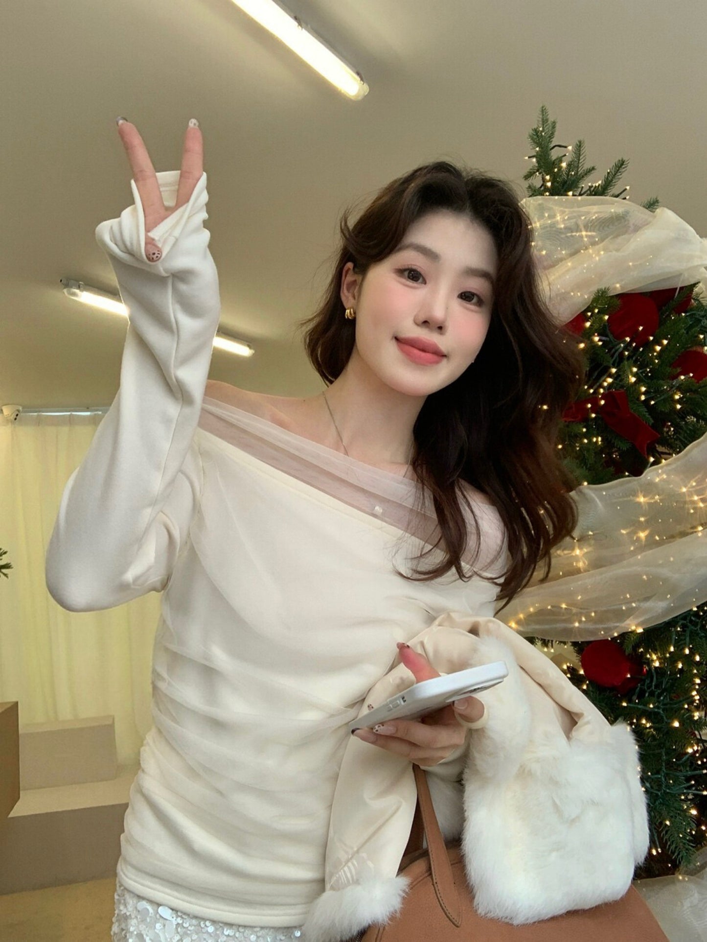 Kelly Designs Off-Shoulder Mesh Ruched Long Sleeve Top (Light Fleece) (Instock)