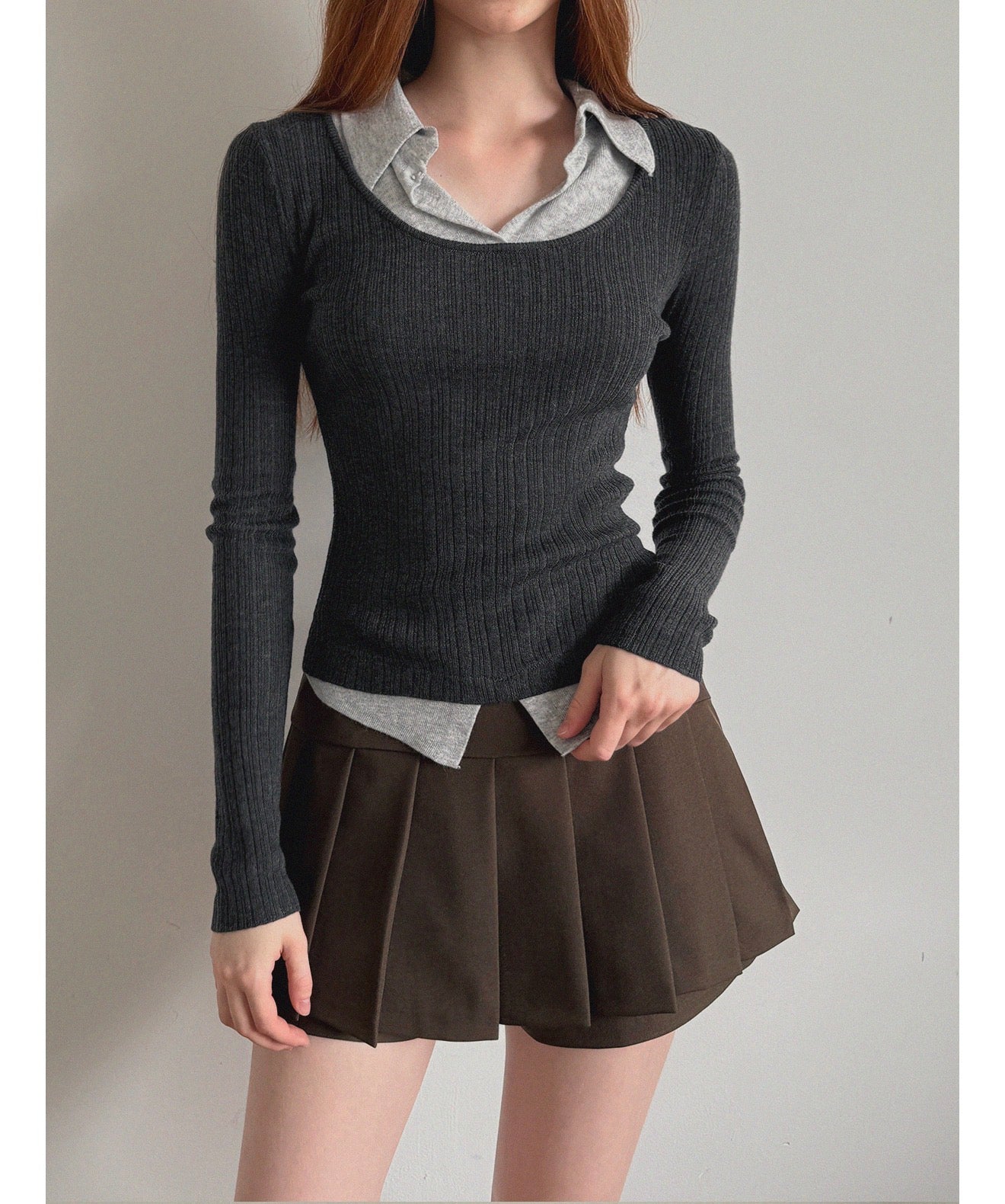 Korean Velvet Contrast Collar Layered Knit Grey Top (Instock)
