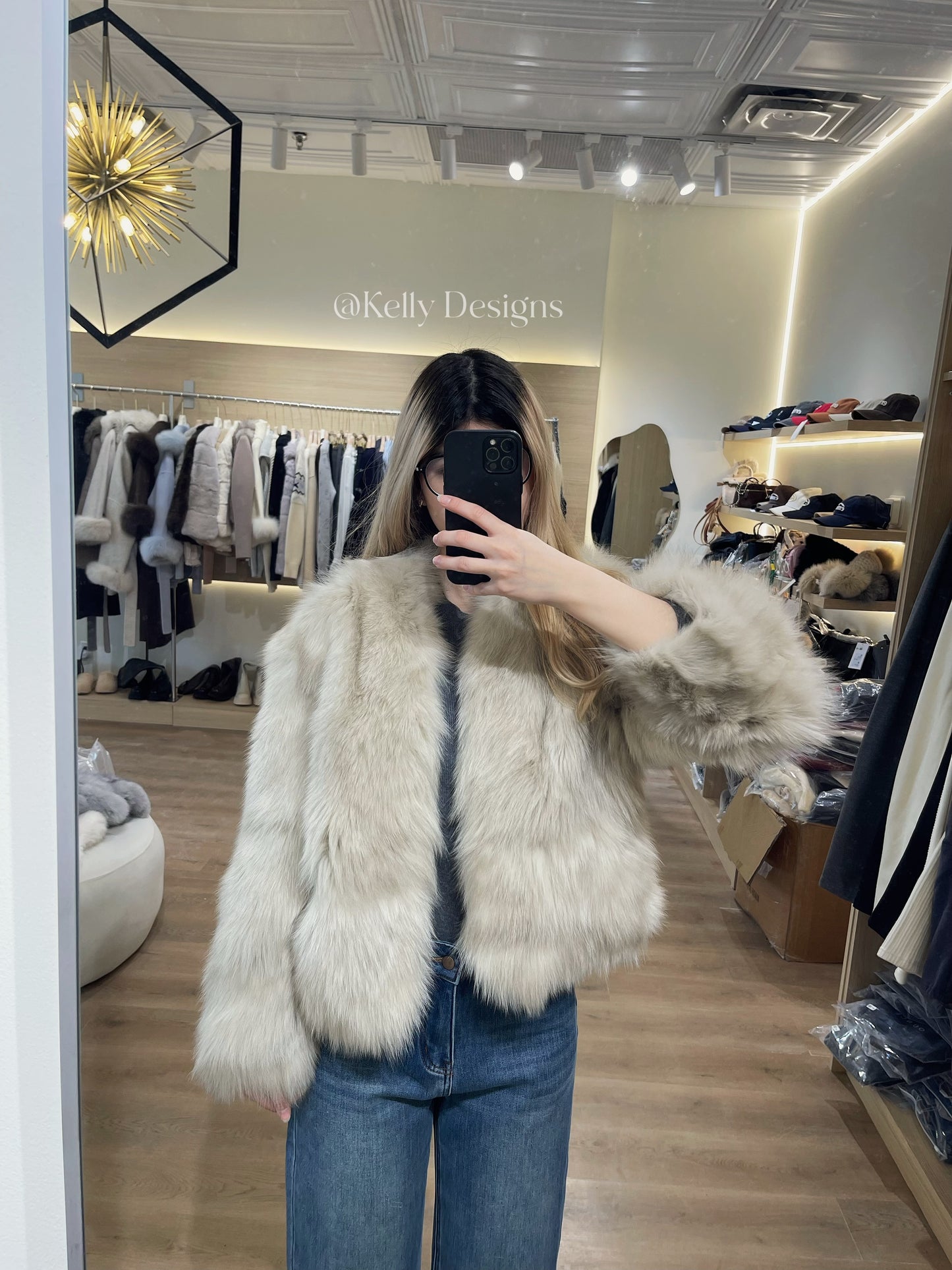 Kelly Designs Cream Grey Fox Fur Jacket (Preorder)