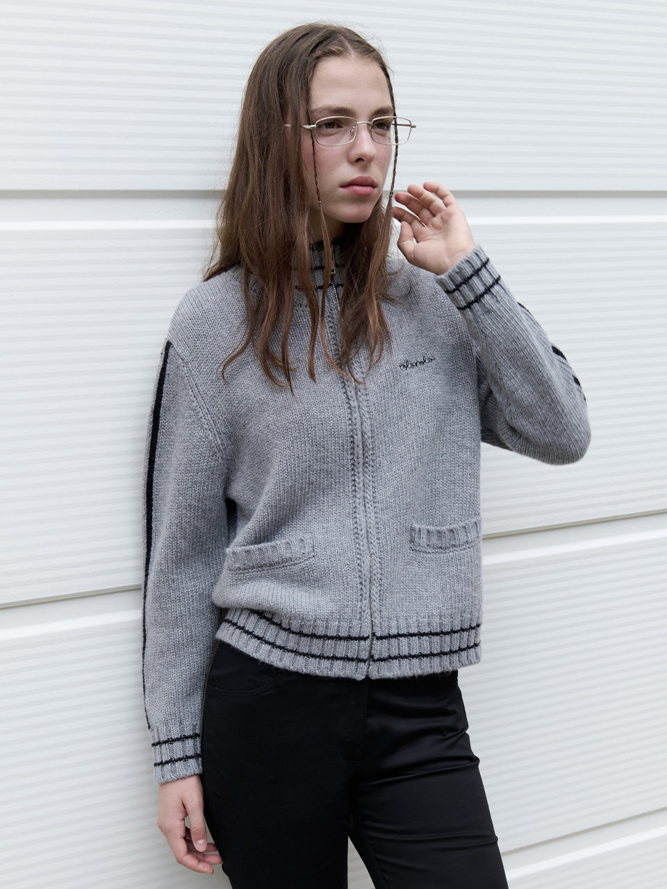 Korean Collection Rolaroal Embroidery Wool Blended Knit Zip-Up Gray (Instock)