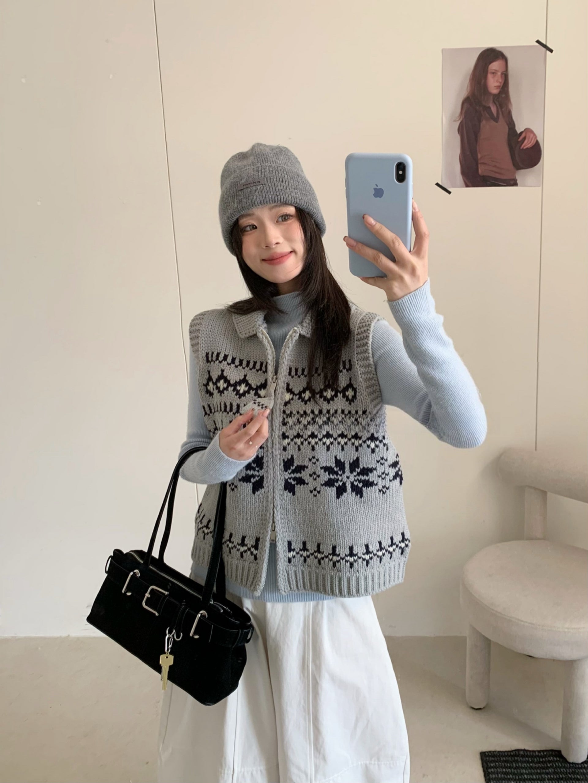 Kelly Designs Fair Isle Double-Zip Knit Vest – Cozy & Versatile-Grey (Instock)
