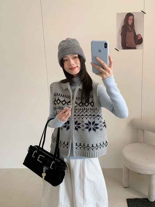 Kelly Designs Fair Isle Double-Zip Knit Vest – Cozy & Versatile-Grey (Instock)