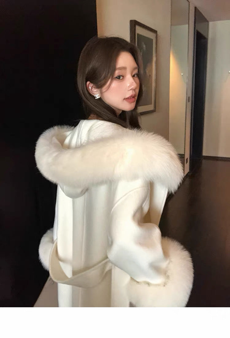 Kelly Designs Fox Fur Trim Wool Long Coat – Ivory (Instock)