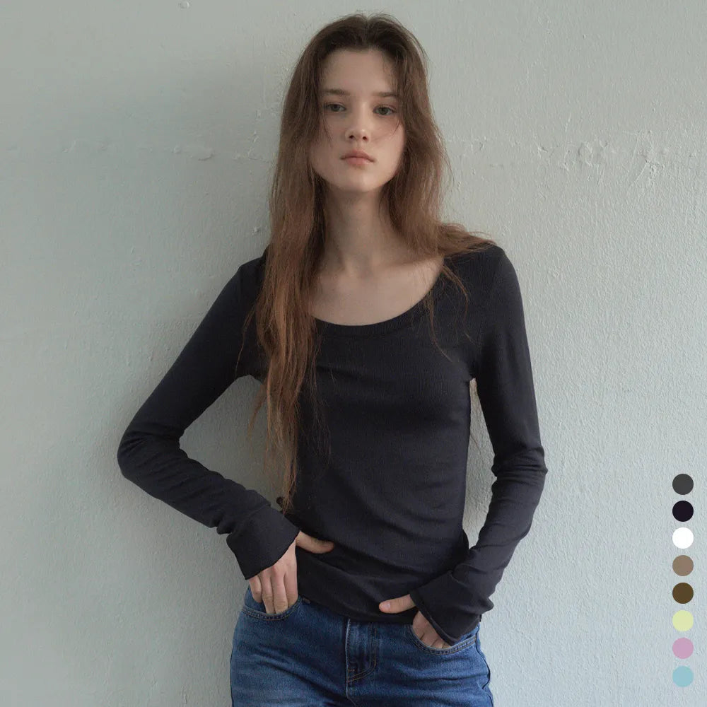 Korean Soft U-Neck Contrast Stitch Long Sleeve Top – 7 Colors (Instock)