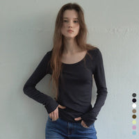 Korean Soft U-Neck Contrast Stitch Long Sleeve Top – 7 Colors (Instock)