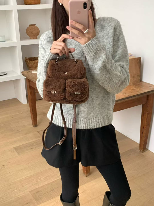 Korean APM Collection Three Colors Shearling Lampwool Backpack(Instock)
