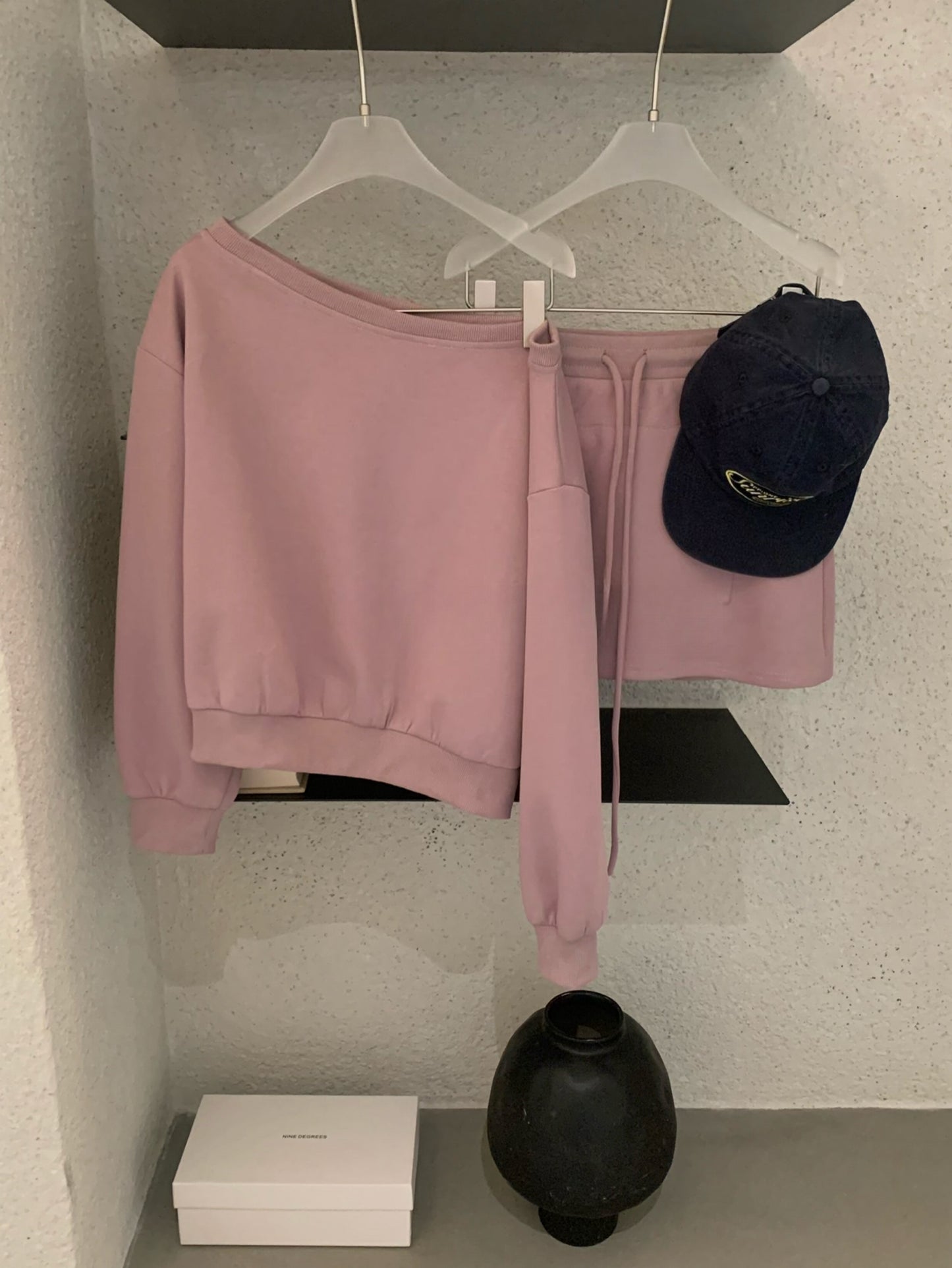 Kelly Designs Off-Shoulder Sweatshirt & Shorts Set - Purple/Beige (Instock)