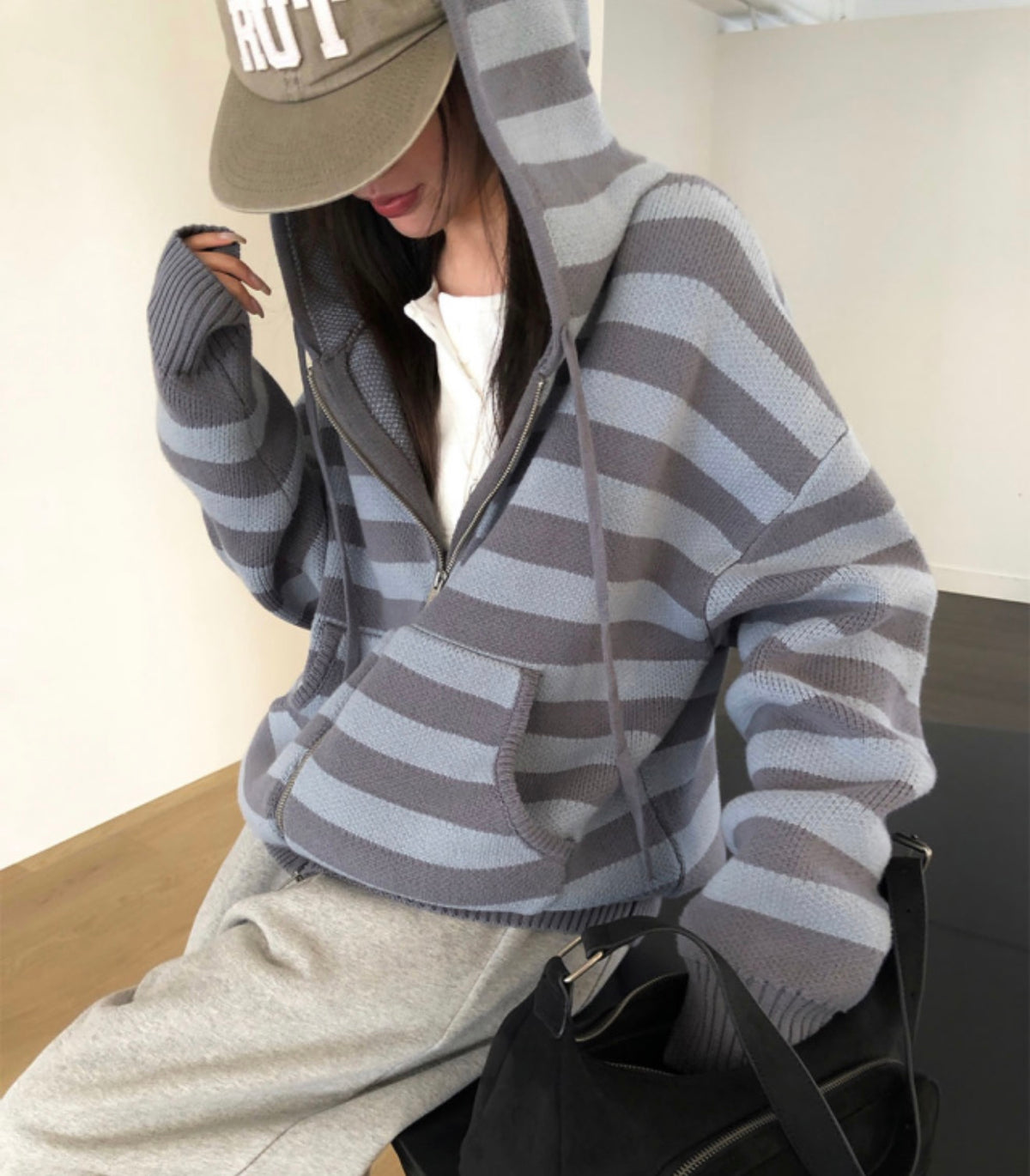 Korean Collection Lucy Oversized Striped Knit Zip-Up Hoodie (Instock)