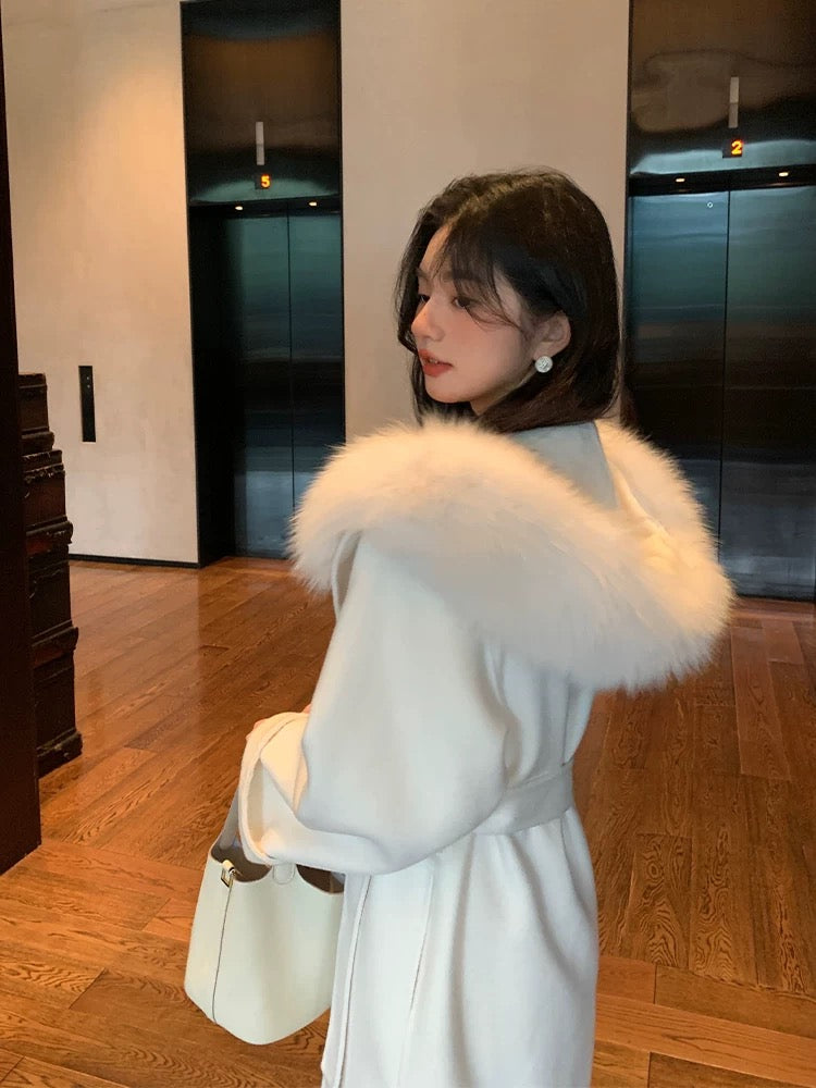 Kelly Designs 100% Wool Long Coat with Fox Fur Collar – Ivory (Instock)