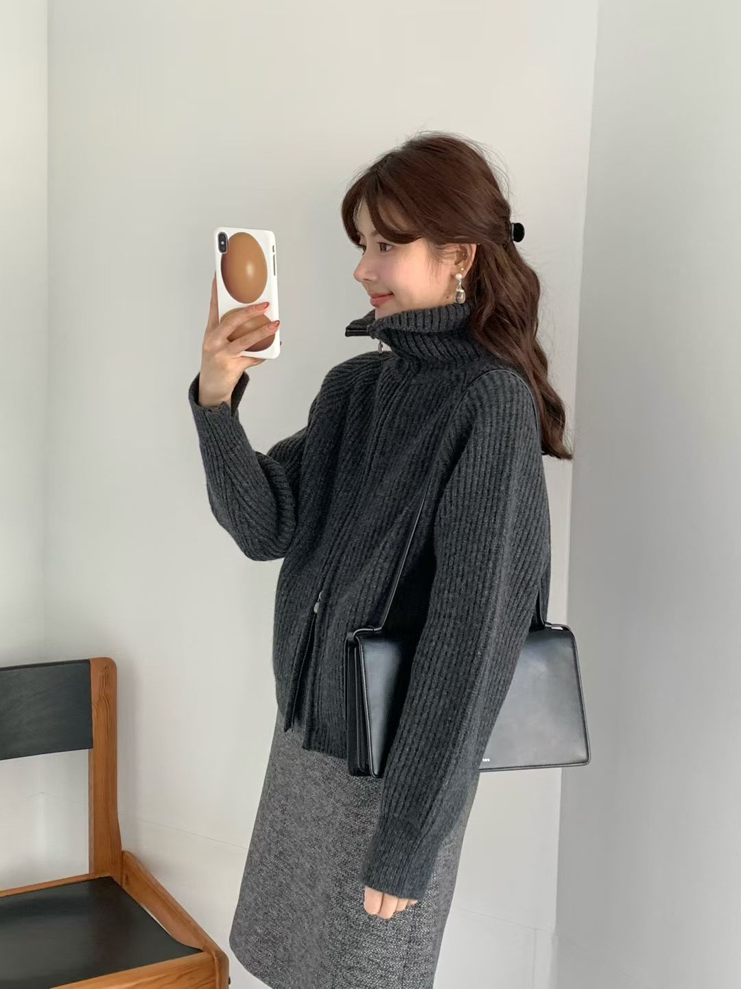 Korean APM Collection EGG PREMIUM CASHMERE SUPER FINE MERINO WOOL Zip Up Charcoal Cardigan (Instock)