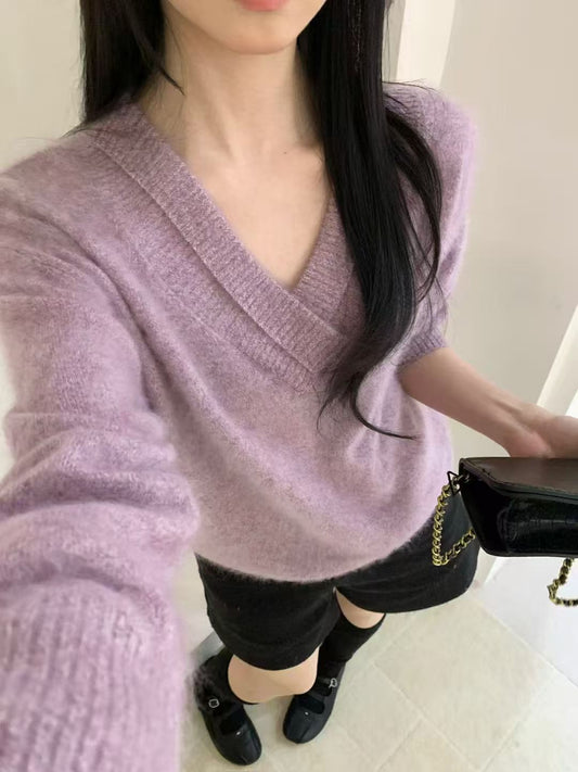 Kelly Designs 95% Wool Soft V-Neck Knit Taro Purple Sweater (Instock)