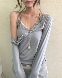 Korean Lace Cami & One Shoulder Button Top Set (Instock)