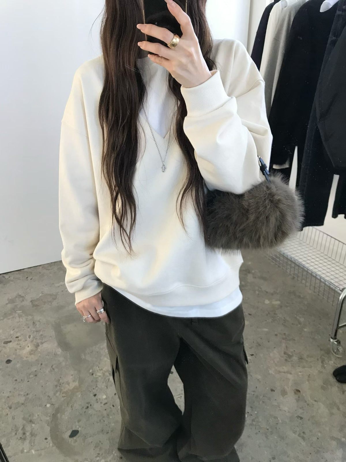 Korean APM Collection Relaxed Deep V-Neck Sweatshirt (Instock)