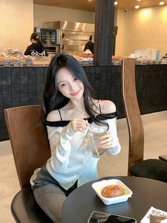 Kelly Designs  Off-Shoulder Ruffle Knit Cardigan – Soft Girl Button White Top (Instock)