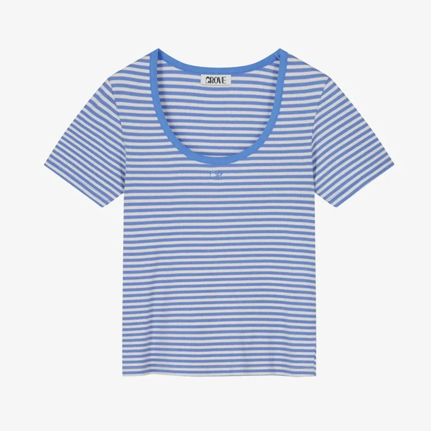 Korean Grove Sand Stripe Scoop Neck T-Shirt (Instock)