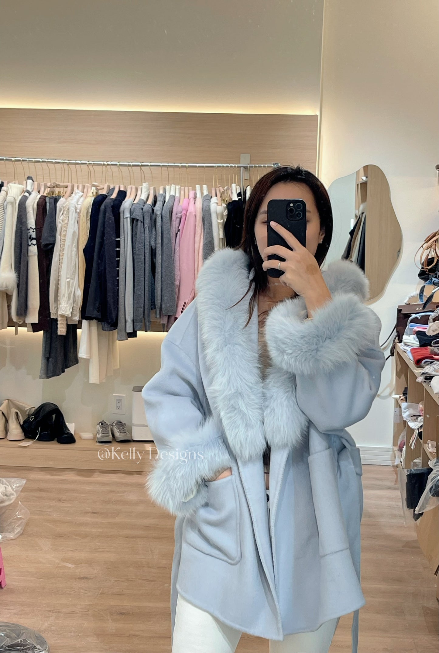 Kelly Designs Fox Fur Wool Blue Coat (Instock)