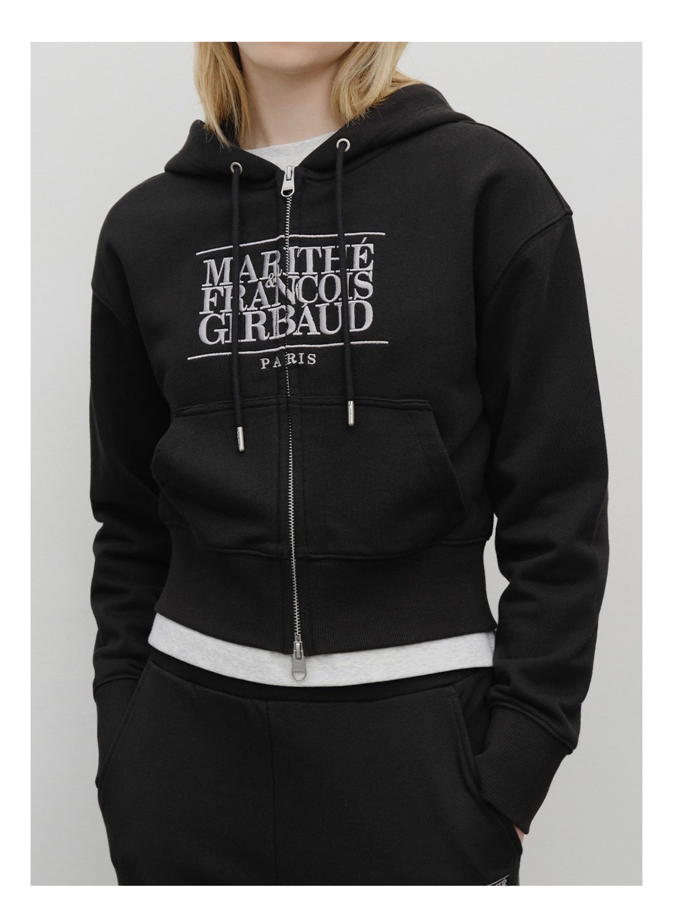 Marithe W Embroidery Classic Logo Crop Hoodie Zipup Black(Instock)