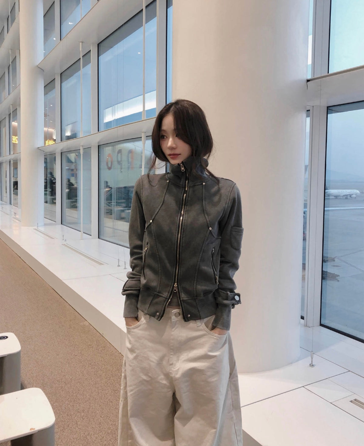 Korean Collection Washed Charcoal Two-Way Zip Jacket (Instock)