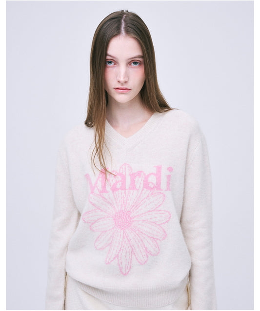 Mardi Mercredi RACCOON BLENDED V NECK FLOWERMARDI_IVORY PINK (Preorder)