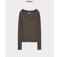 Korean Soft U-Neck Contrast Stitch Long Sleeve Top – 7 Colors (Instock)