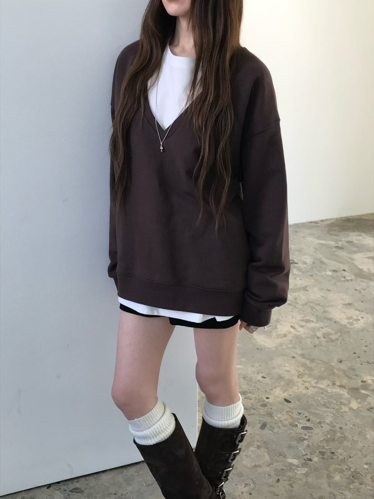 Korean APM Collection Relaxed Deep V-Neck Sweatshirt (Instock)