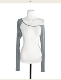 Korean Asymmetric Off-Shoulder Contrast Long Sleeve Top - 4 Colors (Instock)