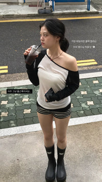 Korean Asymmetric Off-Shoulder Contrast Long Sleeve Top - 4 Colors (Instock)