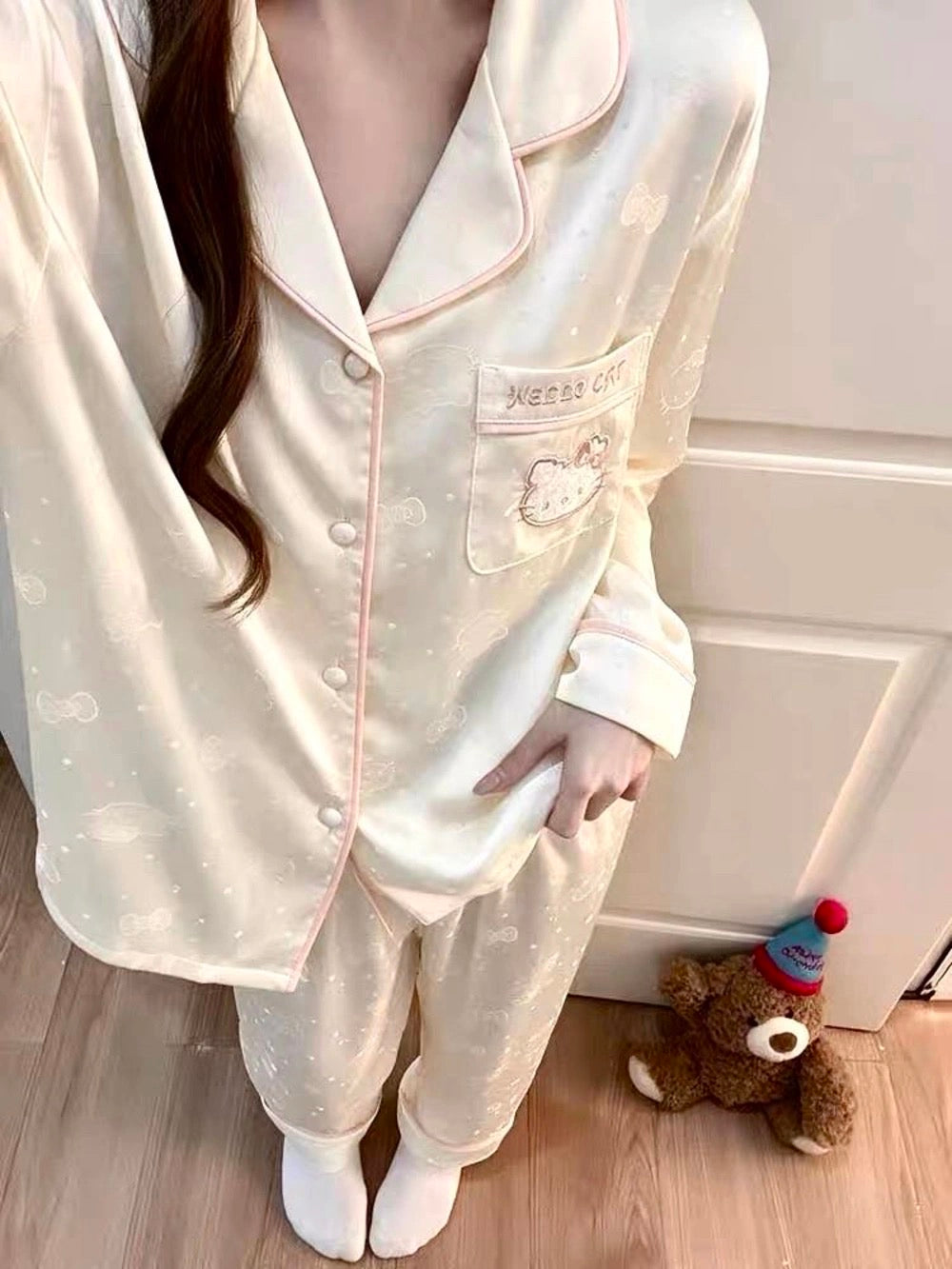 Kelly Designs Kitty Jacquard Satin Pajama Set with Pink Piping (Instock)