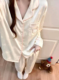 Kelly Designs Kitty Jacquard Satin Pajama Set with Pink Piping (Instock)