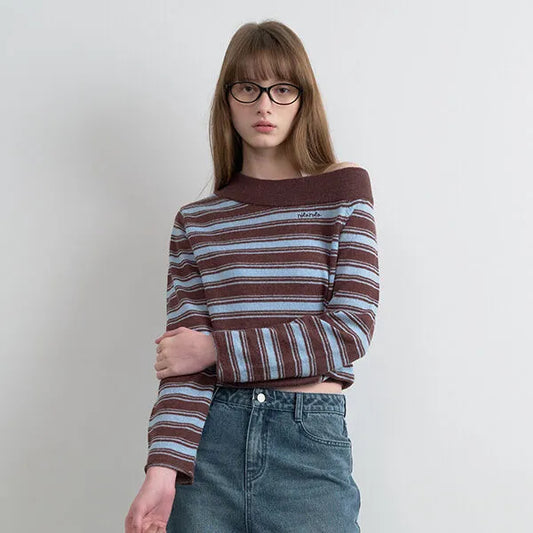 Rolarola One Off Shoulder Stripe Knit BR+BL (Instock)