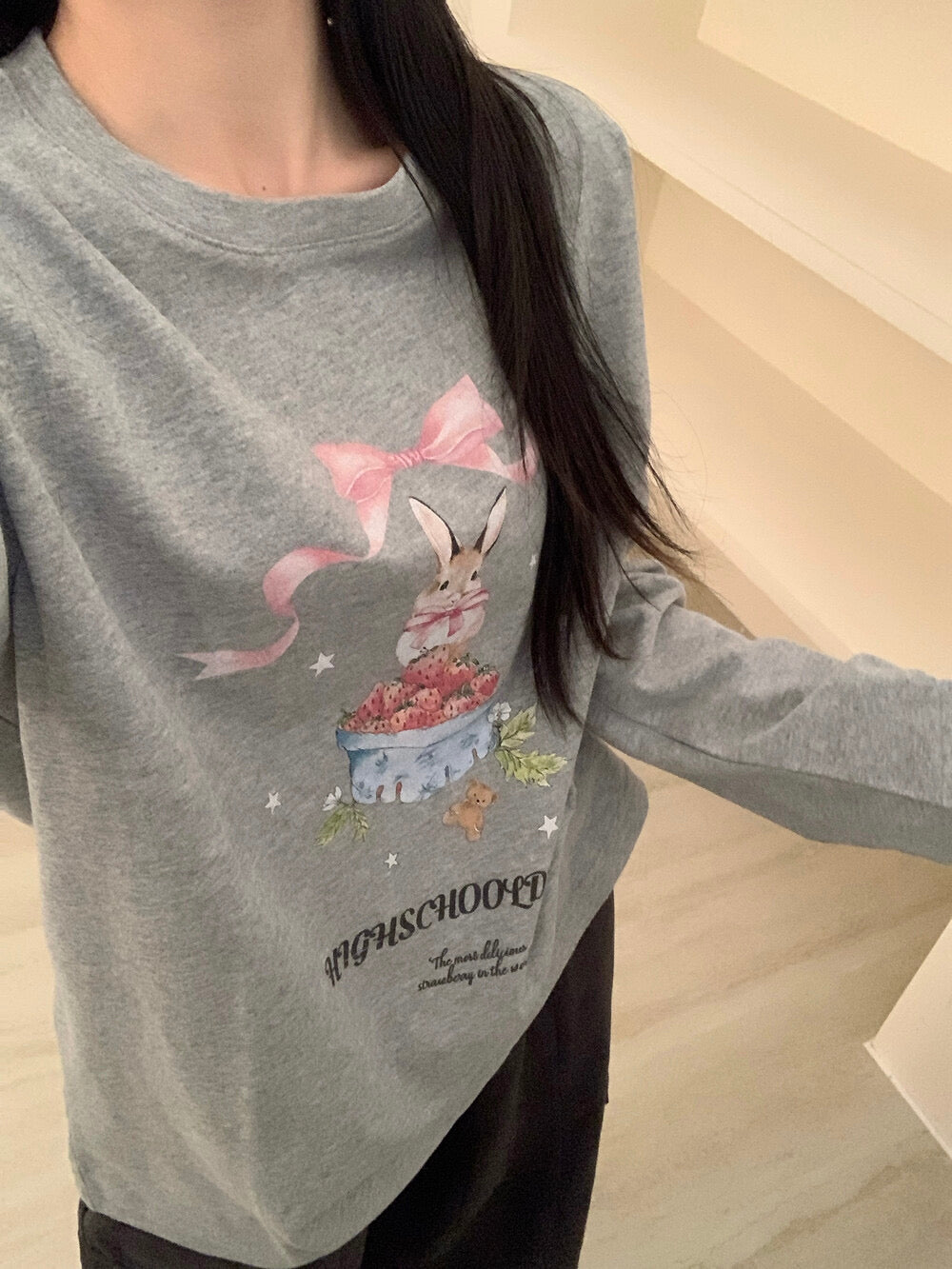 Kelly Designs Brushed Cotton Long-Sleeve Tee – Bow Strawberry Bunny Print (Instock)