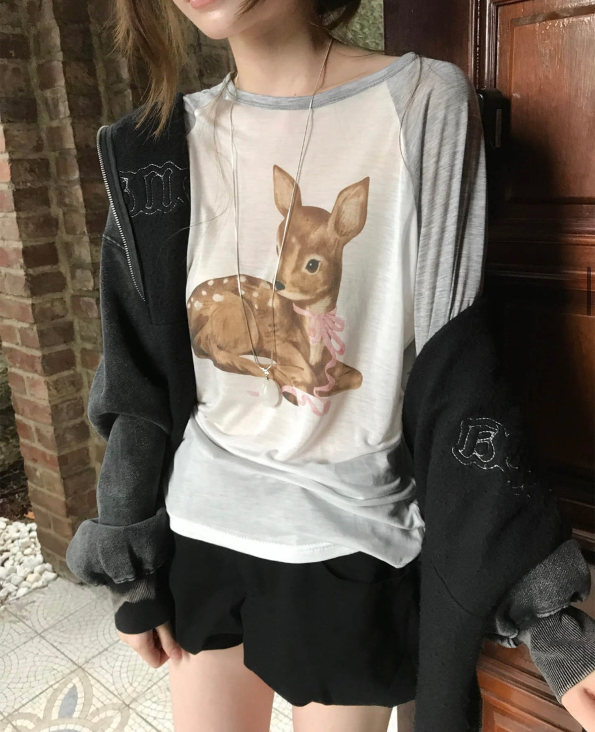 Korean Baby Bambi Raglan Long Sleeve Tee - Pink/Gray (Instock)