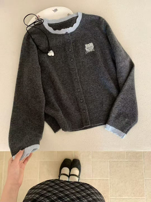 Kelly Designs Embroidery Kitty Grey Wool Cardigan (Instock)
