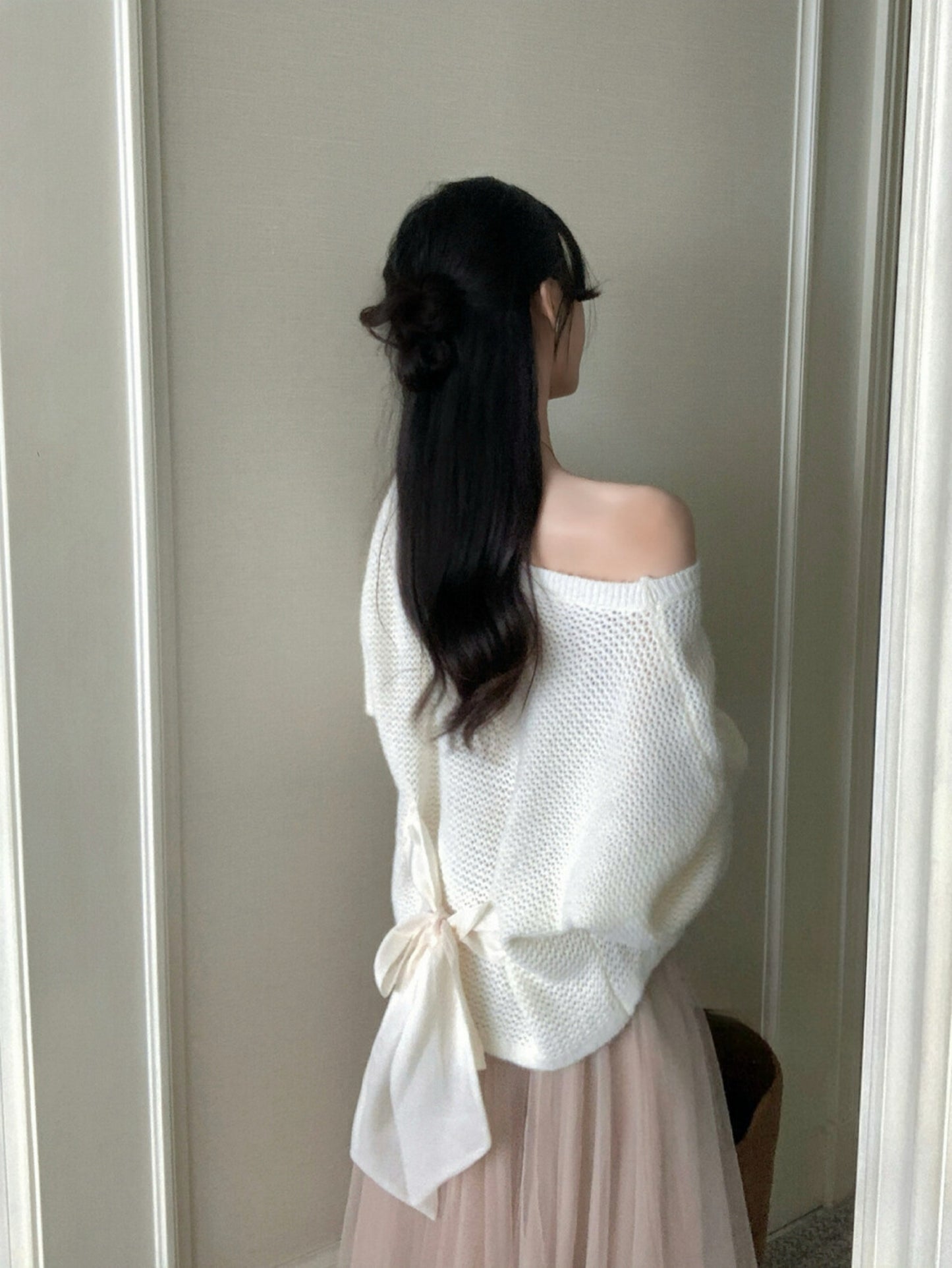 Kelly Designs Off-Shoulder Knit Sweater with Back Ribbon Tie & Khaki Skirt (Instock)