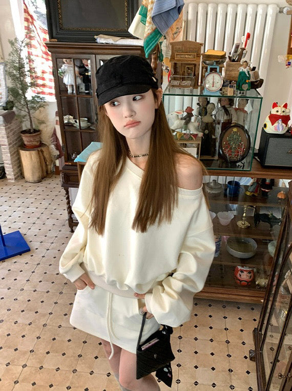 Kelly Designs Off-Shoulder Sweatshirt & Shorts Set - Purple/Beige (Instock)