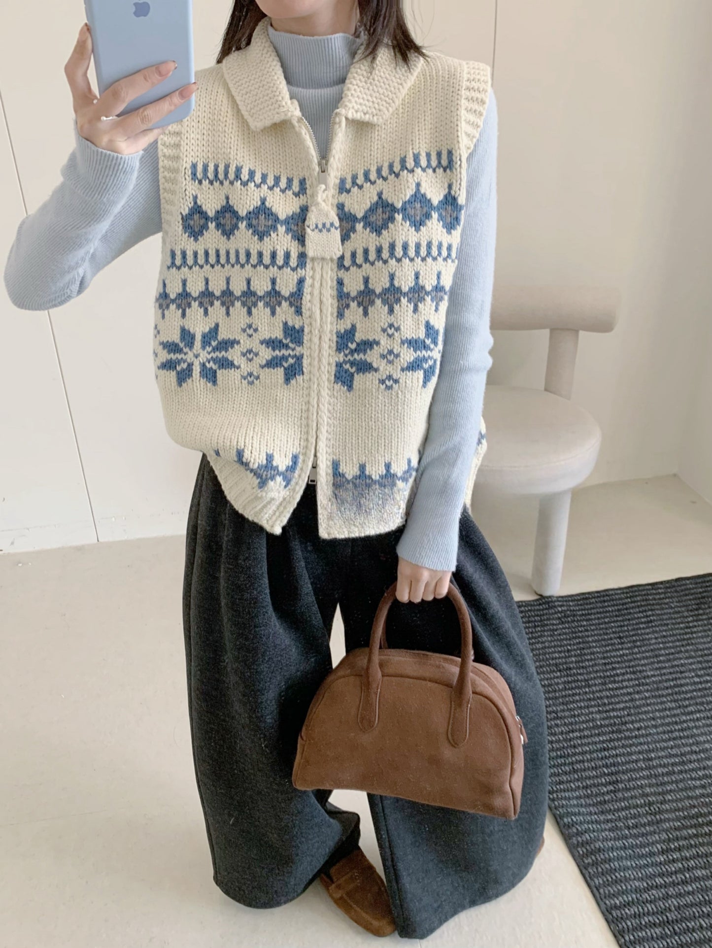 Kelly Designs Fair Isle Double-Zip Knit Vest – Cozy & Versatile-Beige (Instock)