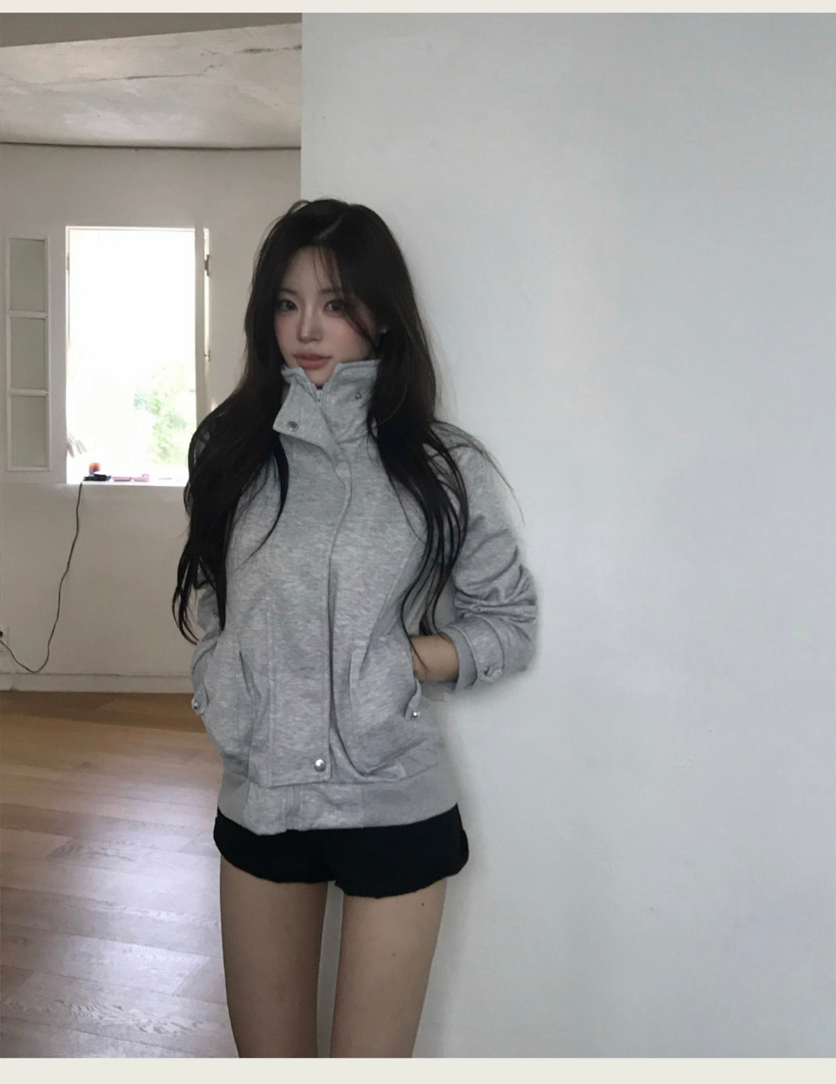 Korean Collection Grey High-Neck Cargo Zip-Up Jacket (Instock)