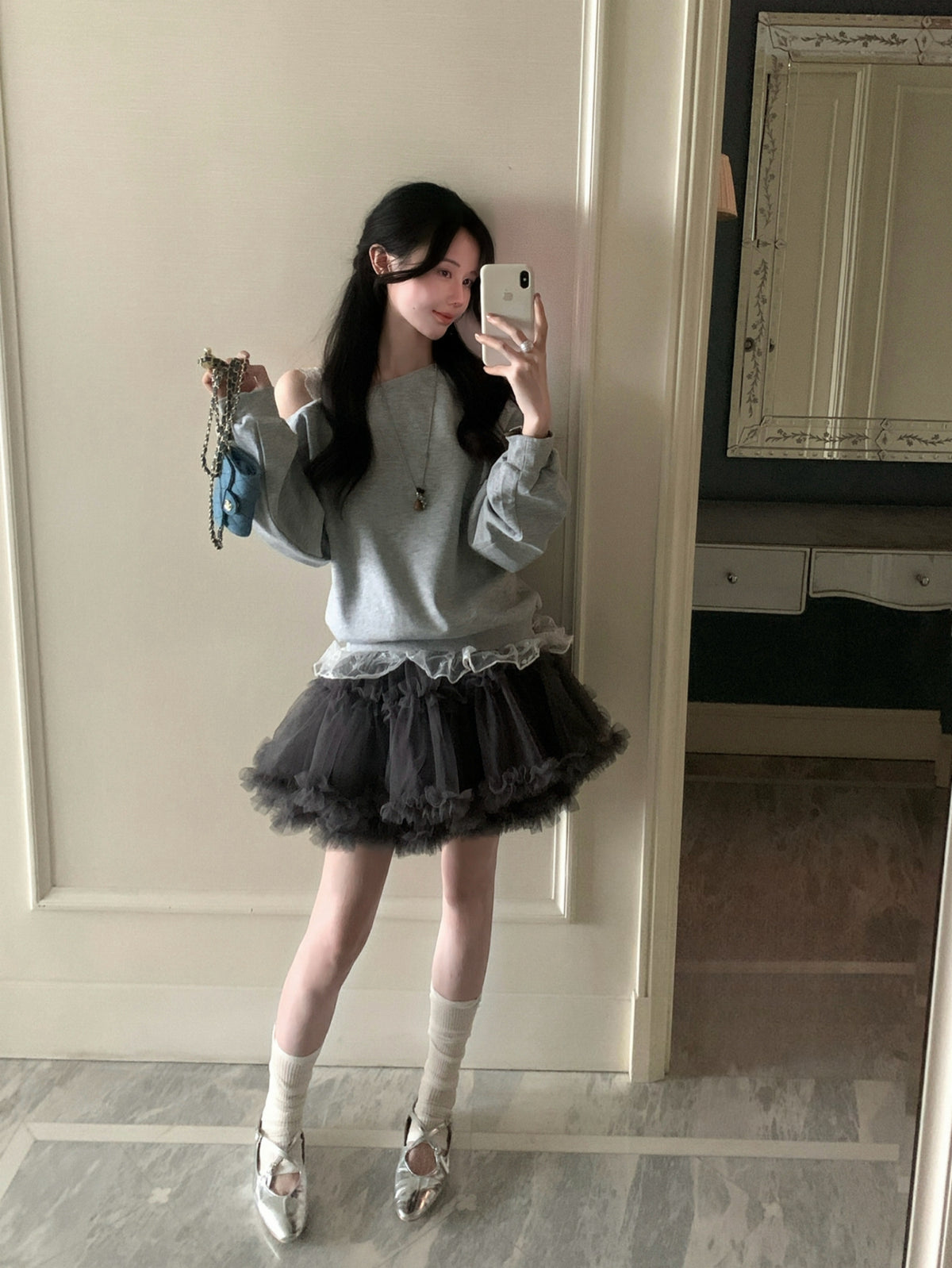 Kelly Designs Off-Shoulder Faux Layered Sweatshirt & Grey Skirt (Instock)