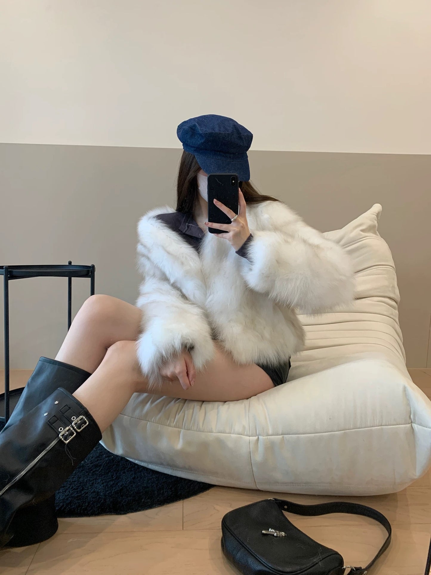 Kelly Designs White Grey Fox Fur V Neck Jacket (Instock)