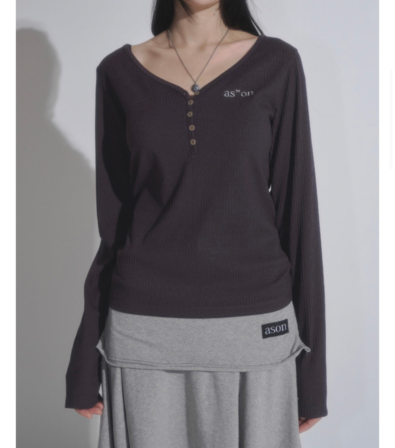 ASON Wish Ribbed Button Long Sleeve Tee – Charcoal (Instock)